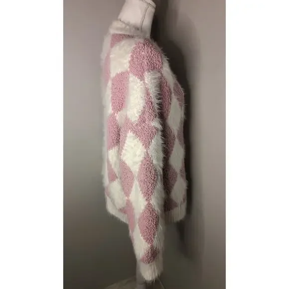 POL Argyle Fuzzy Cardigan Cozy Boutique Soft Girl Sweater Large - Picture 5 of 8